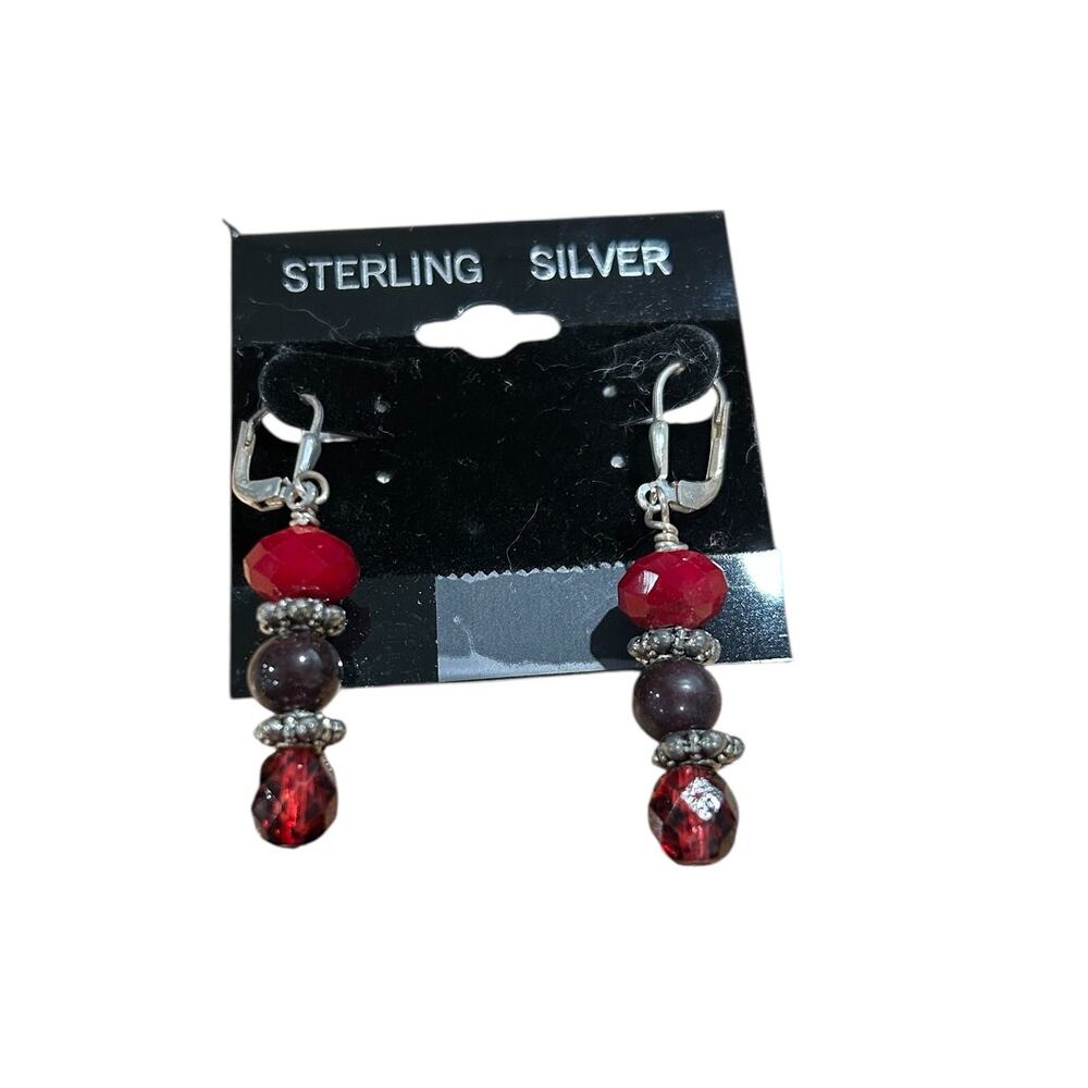 NEW Hand Made Sterling Silver Leverback Pierced Earrings Red & Black Beads
